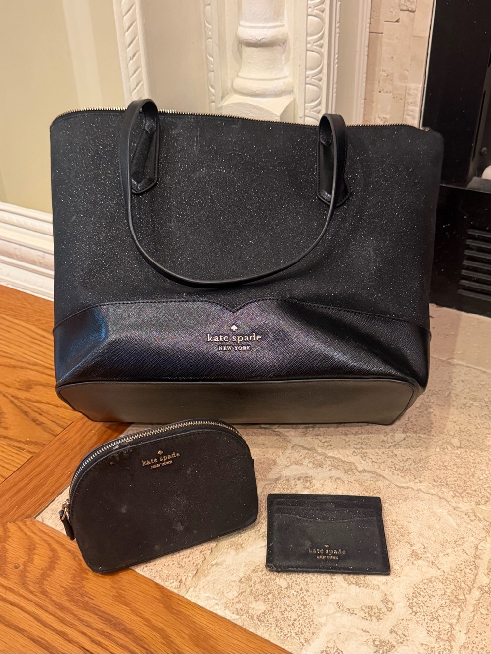 kate spade black sparkle tote with pouch & card holder set